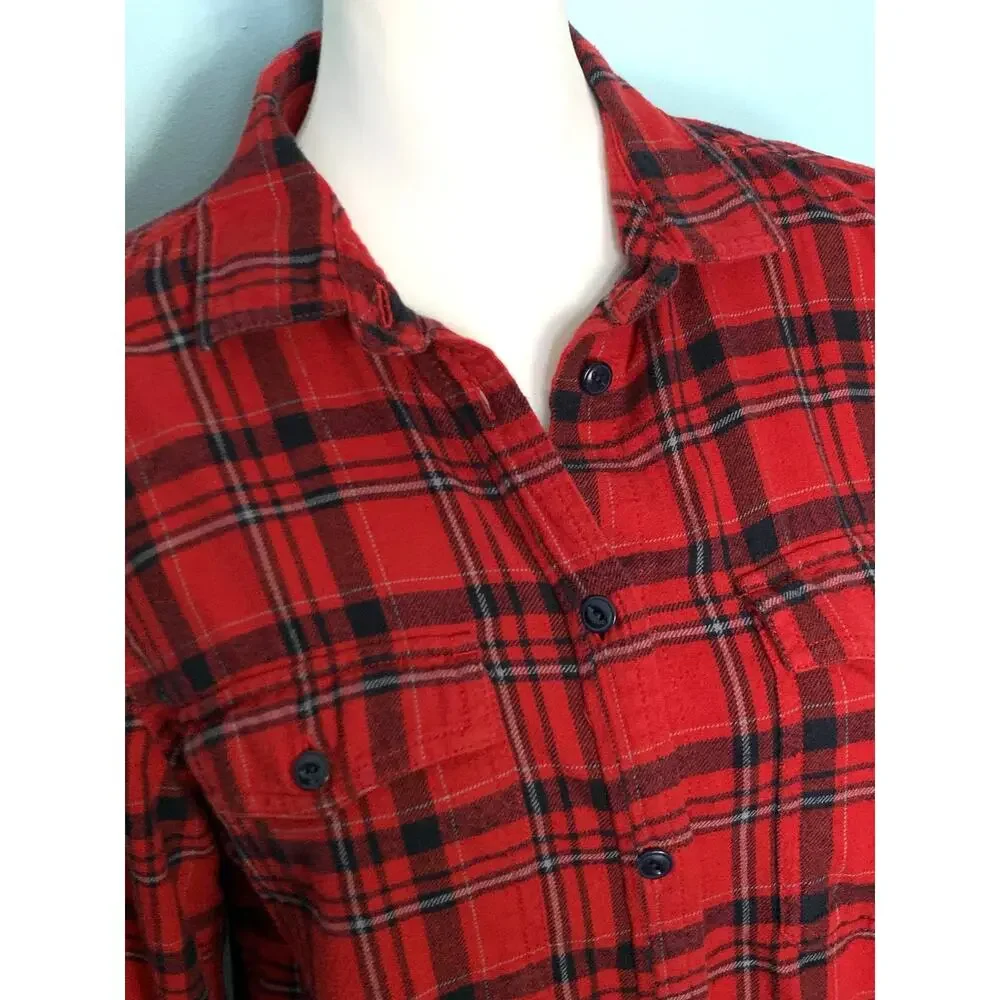 J. Crew Red and Black Windowpane Plaid Flannel Button Down Size 8